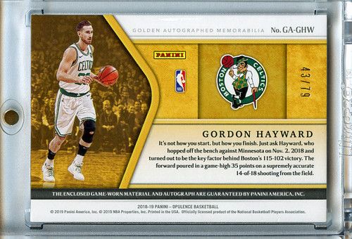 Gordon Hayward 2018-19 Opulence, Golden Autographed Memorabilia #GA-GHW (#43/79)