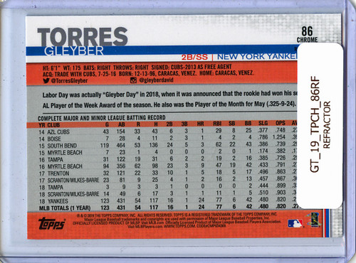 Gleyber Torres 2019 Topps Chrome #86 Refractors