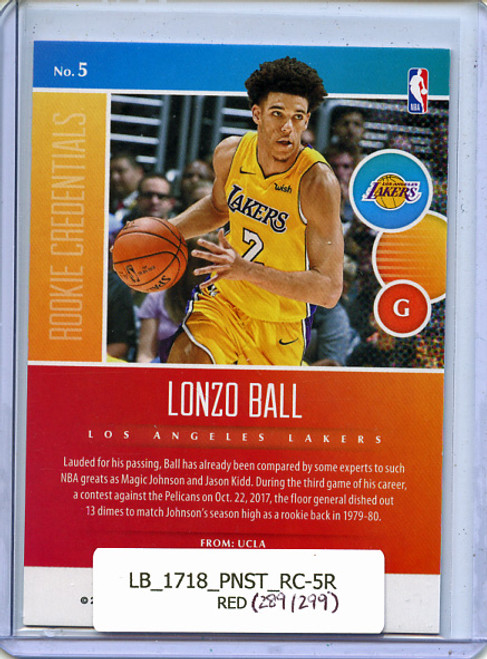 Lonzo Ball 2017-18 Status, Rookie Credentials #5 Red (#289/299)