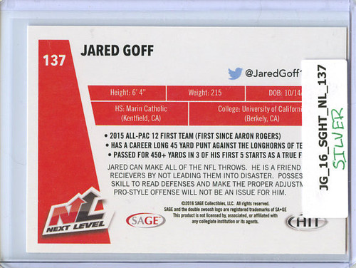 Jared Goff 2016 Sage Hit #137 Next Level Silver