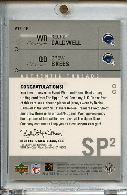 Drew Brees, Reche Caldwell 2002 SP Authentic, Threads Doubles #AT2-CB