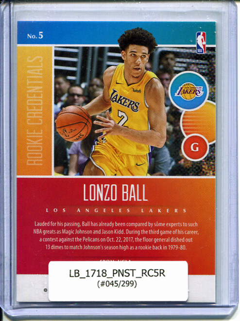 Lonzo Ball 2017-18 Status, Rookie Credentials #5 Red (#045/299)