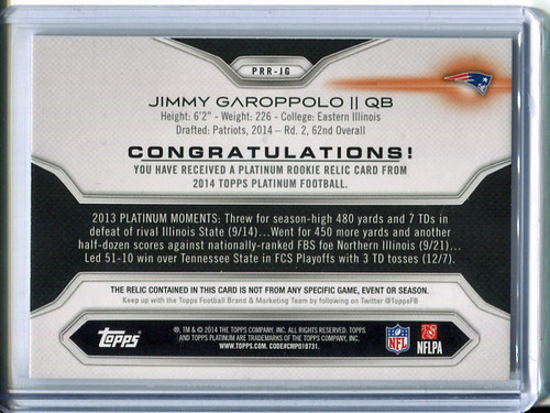 Jimmy Garoppolo 2014 Platinum, Rookie Jersey #PRR-JG