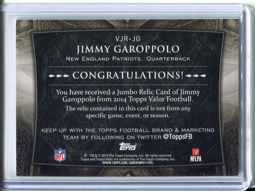 Jimmy Garoppolo 2014 Valor, Jumbo Relics #VJR-JG