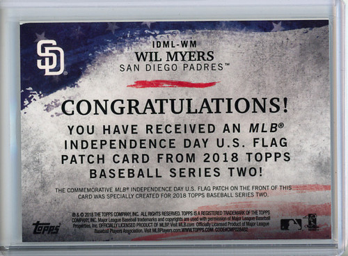 Wil Myers 2018 Topps, Independence Day U.S. Flag Relics #IDML-WM