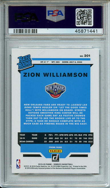 Zion Williamson 2019-20 Donruss #201 PSA 10 Gem Mint (#45871441)