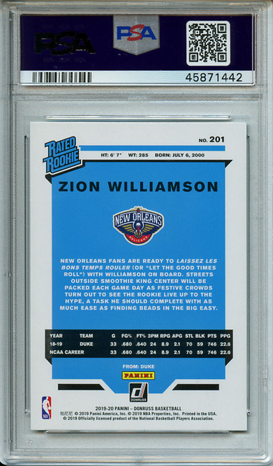 Zion Williamson 2019-20 Donruss #201 Green Flood PSA 9 Mint (#45871442)