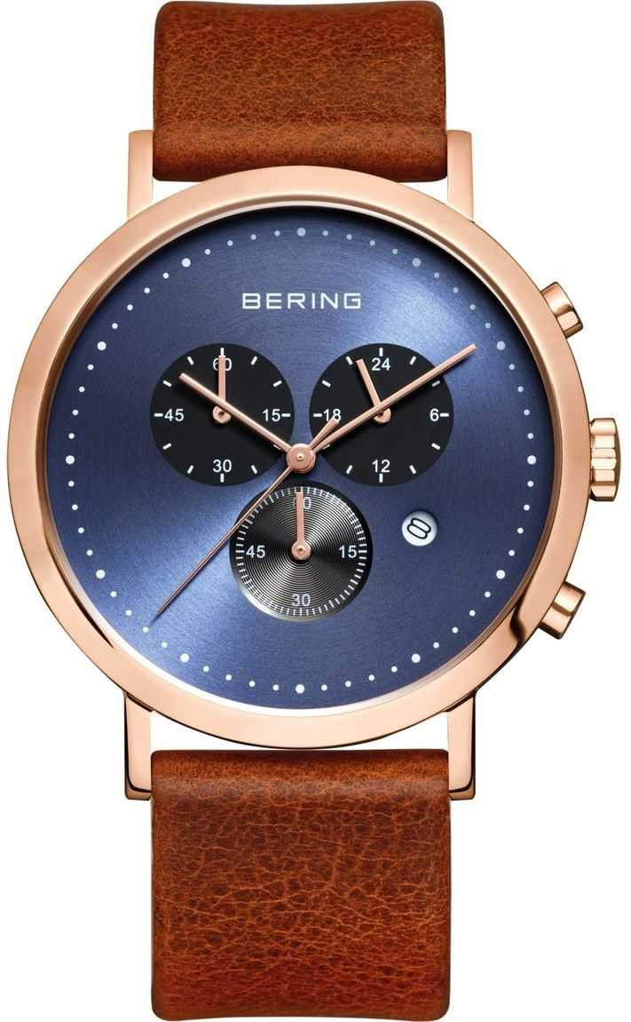 Bering Time - Classic - Mens Rose Gold Plated & Brown Leather