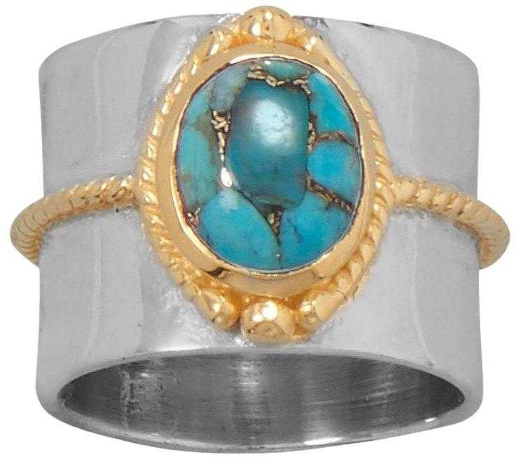 Sterling Silver Two Tone Rope Edge Simulated Turquoise Ring at