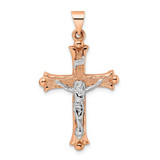 Image of 14K Rose & White Gold Polished Fleur de Lis INRI Hollow Crucifix Pendant XR1875