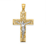 Image of 14K Yellow & White Gold Satin & Polished Shiny-Cut Crucifix w/ Vines Pendant