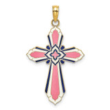 Image of 14K Yellow Gold 3-D w/ Pink & White Enamel Cross Pendant