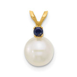 Image of 14K Yellow Gold 7-7.5mm White Round Freshwater Cultured Pearl Sapphire Pendants