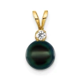 Image of 14K Yellow Gold 7-8mm Black Round Saltwater Akoya Cultured Pearl Diamond Pendant