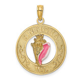 Image of 14K Yellow Gold Antigua, WI On Round Frame w/ Enamel Conch Shell Pendant