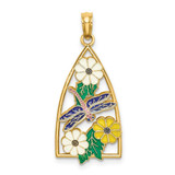 Image of 14K Yellow Gold Enamel Dragonfly & Flowers In Triangle Pendant
