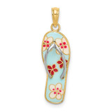 Image of 14K Yellow Gold Enamel Fuchsia & White Flowers On Blue Flip-Flop Pendant