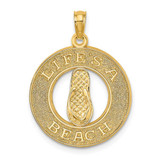 Image of 14K Yellow Gold Lifes A Beach On Round Frame w/ Flip-Flop Pendant