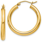 Image of 25mm 14K Yellow Gold Polished 3mm Lightweight Tube Hoop Earrings T937L
