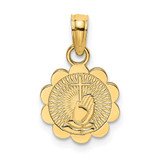 Image of 14K Yellow Gold Praying Hands & Cross On Scalloped Round Disk Pendant
