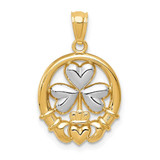 Image of 14K Yellow Gold Rhodium Claddagh w/ Shamrock Pendant