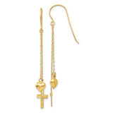 Image of 51mm 14K Yellow Gold Rope Chain Puffed Heart & Shiny-Cut Cross Dangle Earrings