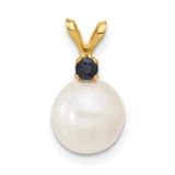 Image of 14K Yellow Gold Sapphire 8-8.5mm White Round Freshwater Cultured Pearl Pendant