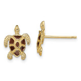 Image of 11.3mm 14K Yellow Gold Textured Sea Turtle Post Earrings w/ Brown Enamel Shell