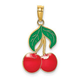 Image of 14K Yellow Gold w/ Enamel 2-D Cherries with Stem & Leaf Pendant