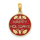 Image of 14K Yellow Gold w/ Enamel Happy Holidays w/ Holly On Round Disc Pendant