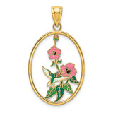 Image of 14K Yellow Gold w/ Enamel Hummingbird & Flowers In Oval Frame Pendant