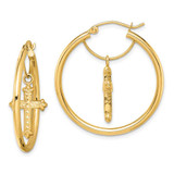 Image of 14K Yellow Gold with Shiny-Cut Cross Dangle Hoop Earrings TF1514