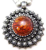 Image of 16" Necklace SATURN STAR w/Domed Amber Stone Israel Handmade 925 Sterling Silver
