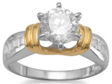 Image of 5mm (1/5") Round CZ and Baguette Silver/14K Gold Plated Ring 925 Sterling Silver - CLEARANCE