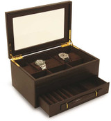 Image of Brown Croco-Style Texture Leather 5 Watch Box w/ Drawer & Glass Top