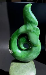 6" Green Natural Untreated Nephrite Jade Whale Tail Sculpture on Jade Base Figure