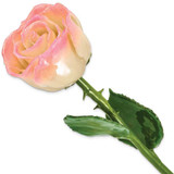 Image of Lacquer Dipped Natural White/Pink Rose w/Green Leaves & Stem