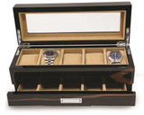 Image of Lacquered Ebony Finish Wood w/ Glass Top & Drawer 5 Watch Box