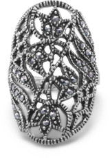 Image of Marcasite Ring with Cut Out Leaf Design 925 Sterling Silver - CLEARANCE