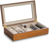 Image of Matte Cherry Wood Finish 6-Wrist Watch and 2-Eyeglass Case w/Glass Top (Gifts)