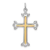 Image of Rhodium-Plated & Yellow-Finish Sterling Silver Polished Budded Cross Pendant