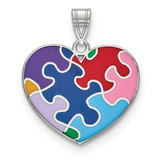 Image of Rhodium-Plated Sterling Silver Enameled Autism Heart Pendant