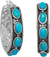 Image of Sterling Silver Ornate Oxidized Simulated Turquoise Hoop Earrings