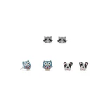 Image of Sterling Silver Owl, Raccoon and Dog Earrings Set