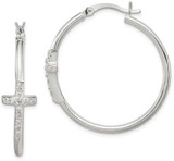 Image of 33mm Sterling Silver Polished CZ Fancy Cross Hinged Hoop Earrings