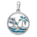 Image of Sterling Silver Rhodium-Plated Blue Lab-Created Opal Dolphins Pendant
