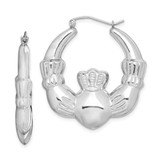 Image of 35mm Sterling Silver Rhodium-Plated Claddagh Hoop Earrings