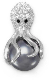Image of Sterling Silver Rhodium-plated CZ and Simulated Pearl Octopus Slide Pendant