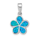 Image of Sterling Silver Rhodium-Plated Lab-Created Blue Inlay Opal Flower Pendant