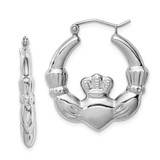 Image of 27mm Sterling Silver Rhodium-Plated Polished Claddagh Hoop Earrings